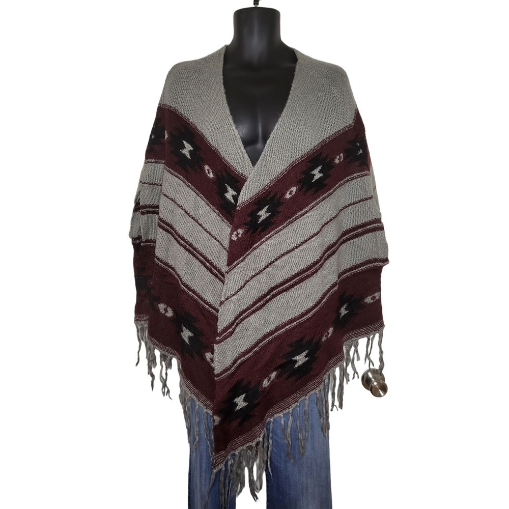 Altard State Southwestern Print Boho Fringe Poncho Shrug Womens OS Multicolor